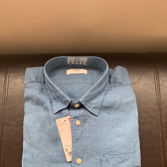 NWT Uniqlo premium French linen blue button down shirt full sleeves Mens S / M - Picture 1 of 7